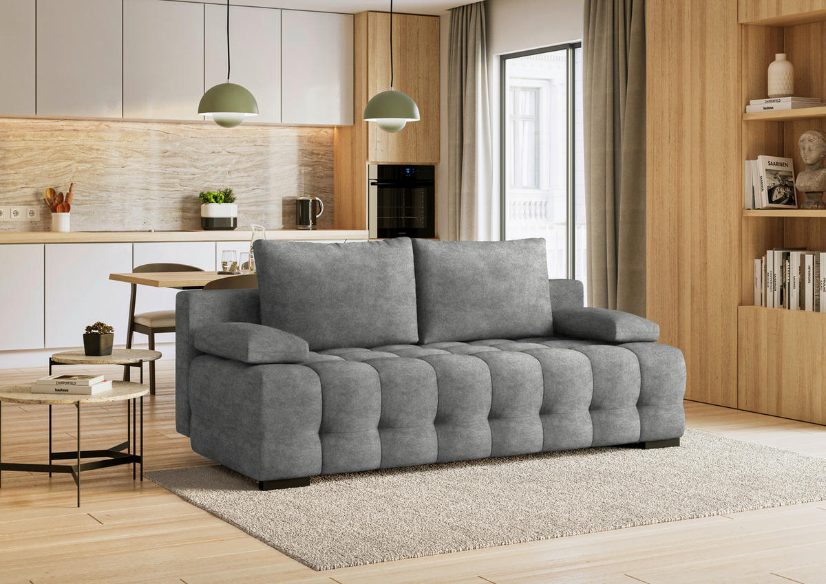 SCHLAFSOFA in Velours Hellgrau  - Hellgrau/Schwarz, KONVENTIONELL, Kunststoff/Textil (209/96/100cm) - Stylife