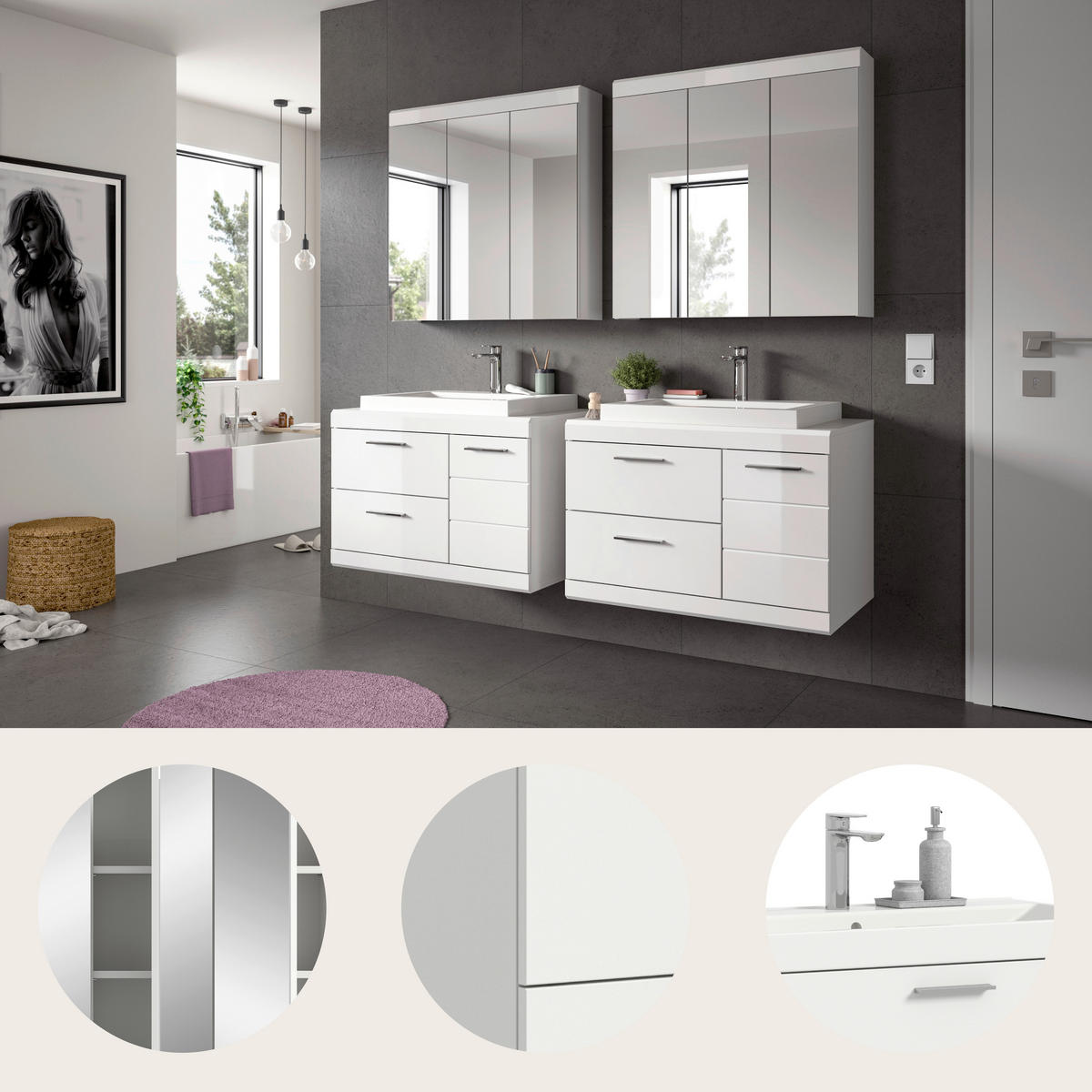 BADEZIMMER 6-teilig  in 175 cm  - Weiß Hochglanz/Silberfarben, Trend, Glas/Holzwerkstoff (175cm) - MID.YOU