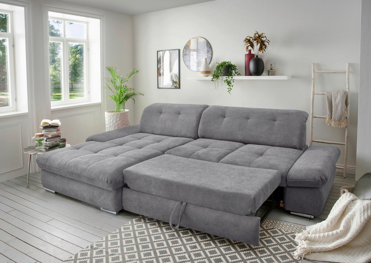 ECKSOFA in Chenille Dunkelgrau  - Chromfarben/Dunkelgrau, Design, Textil/Metall (196/300cm) - Livetastic