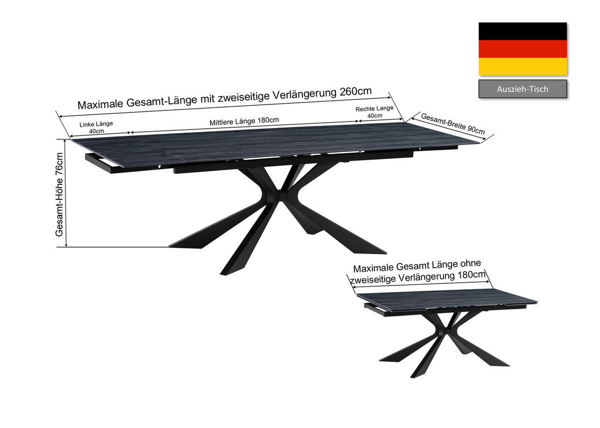 ESSTISCH 180-260/90/76 cm  Metall, Stein ausziehbar rechteckig Schwarz  - Schwarz, MODERN, Stein/Metall (180-260/90/76cm) - P & B