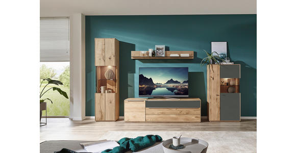 WOHNWAND in Grau, Eichefarben 330/204/50 cm - Eichefarben/Silberfarben, Design, Glas/Holz (330/204/50cm) - Waldwelt