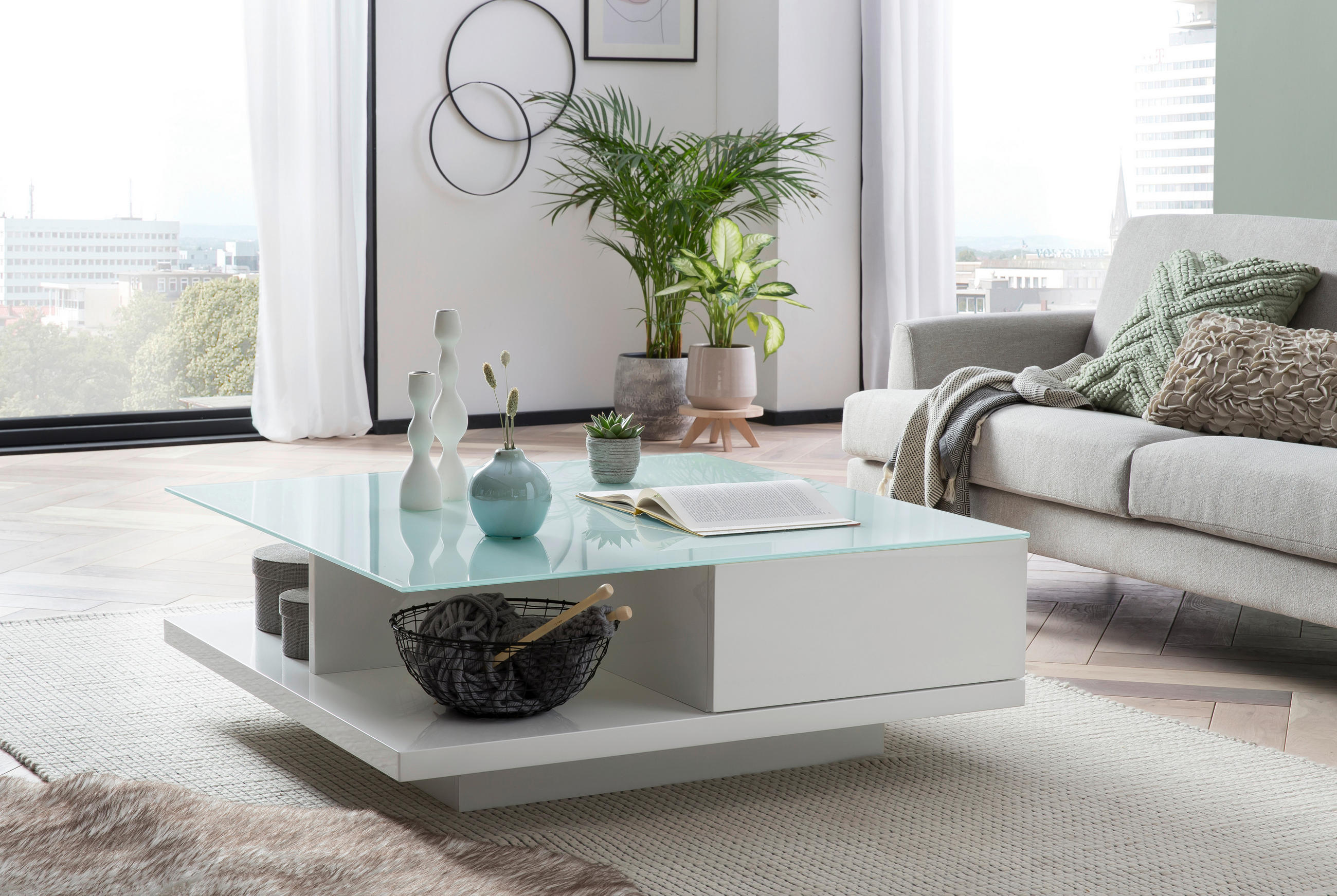 COUCHTISCH Kristallglas 100/100/36 cm quadratisch Weiß Hochglanz  - Weiß Hochglanz/Weiß, Design, Glas/Holzwerkstoff (100/100/36cm) - Livetastic