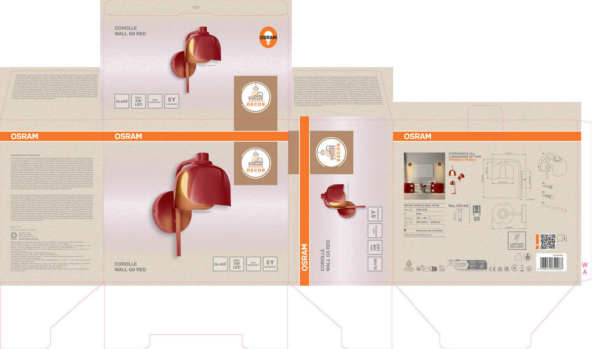 WANDLEUCHTE 13,5/21/24,5 cm   - Rot, Basics, Glas/Metall (13,5/21/24,5cm) - Osram