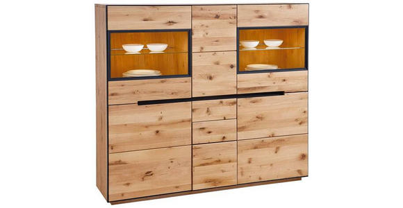 HIGHBOARD Wildeiche furniert, massiv, teilmassiv Eichefarben Einlegeböden  - Eichefarben/Anthrazit, Natur, Glas/Holz (155/136/38cm) - Linea Natura