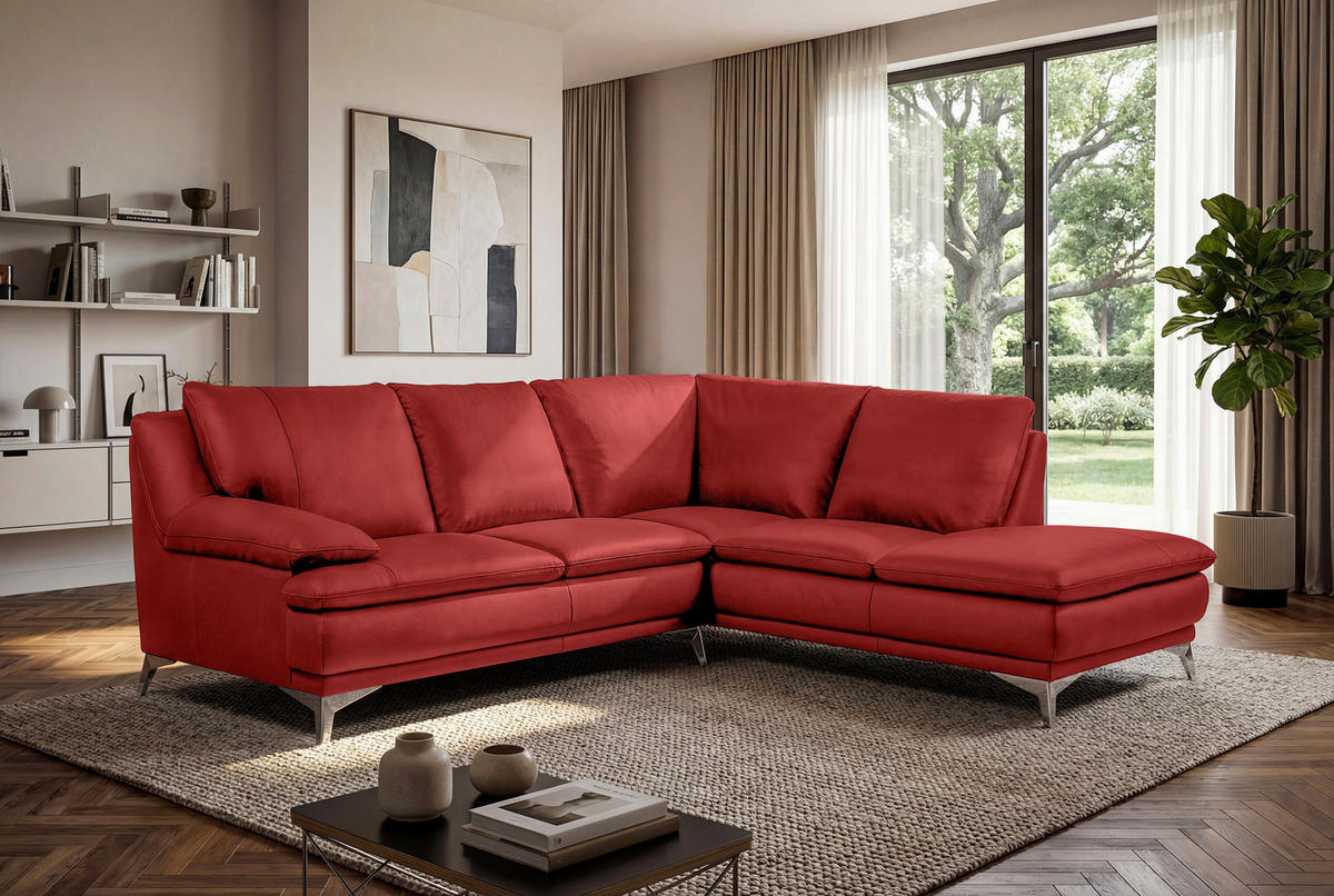 ECKSOFA Rot Echtleder  - Chromfarben/Rot, Design, Leder/Metall (242/224cm) - Novel
