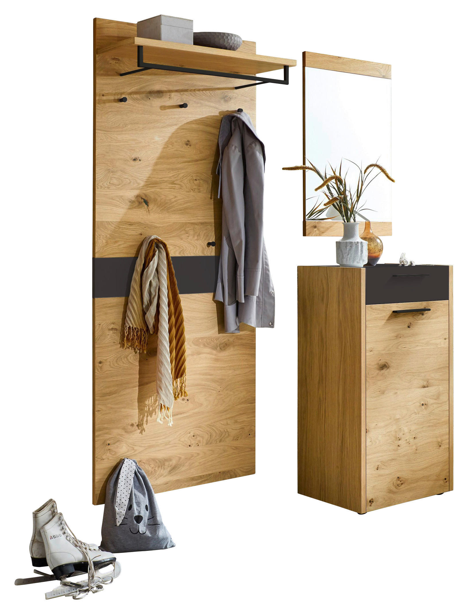 GARDEROBE 3-teilig  in 150/195/37 cm  - Eichefarben/Schwarz, Design, Glas/Holz (150/195/37cm)