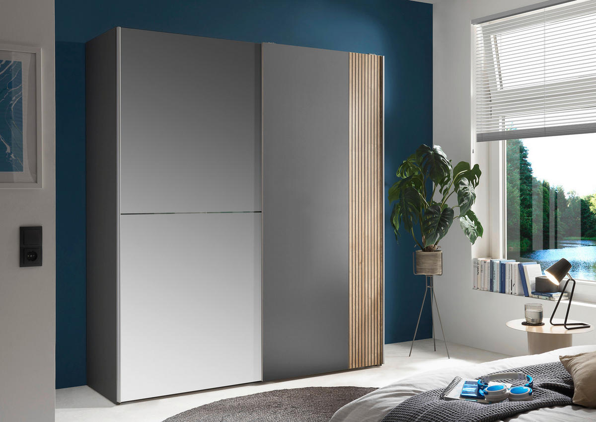 SCHWEBETÜRENSCHRANK in Graphitfarben, Eichefarben  - Eichefarben/Alufarben, Konventionell, Glas/Holzwerkstoff (170/196/57cm) - Carryhome