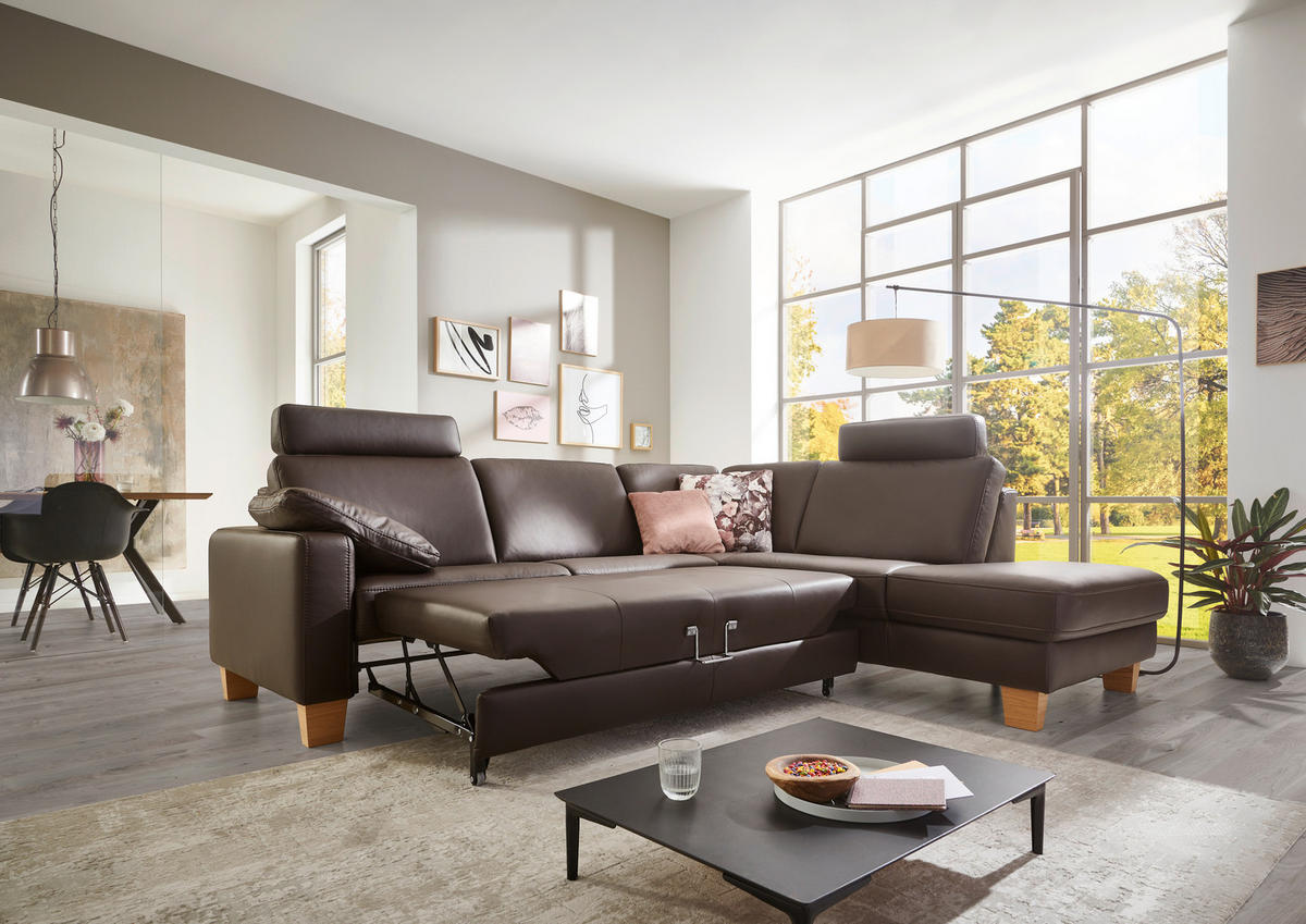 ECKSOFA Echtleder Dunkelbraun  - Eiche Bianco/Dunkelbraun, Natur, Leder/Holz (257/235cm) - Valdera