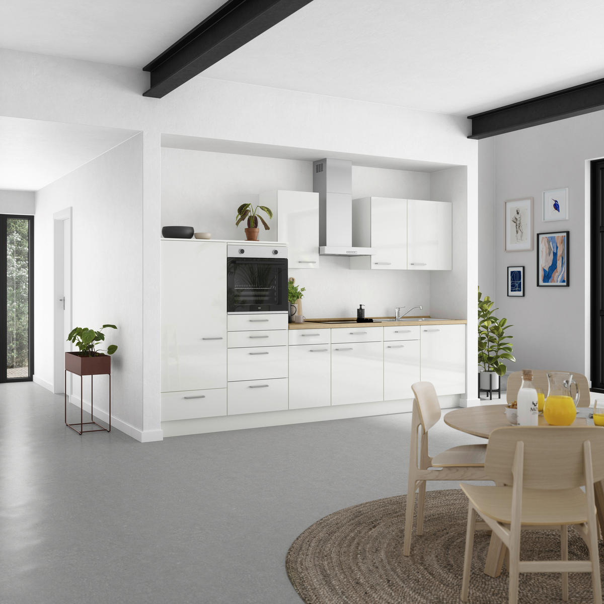 KÜCHENLEERBLOCK 330 cm   in Eichefarben, Weiß Hochglanz  - Edelstahlfarben/Eichefarben, MODERN, Holzwerkstoff/Metall (330cm) - Nobilia