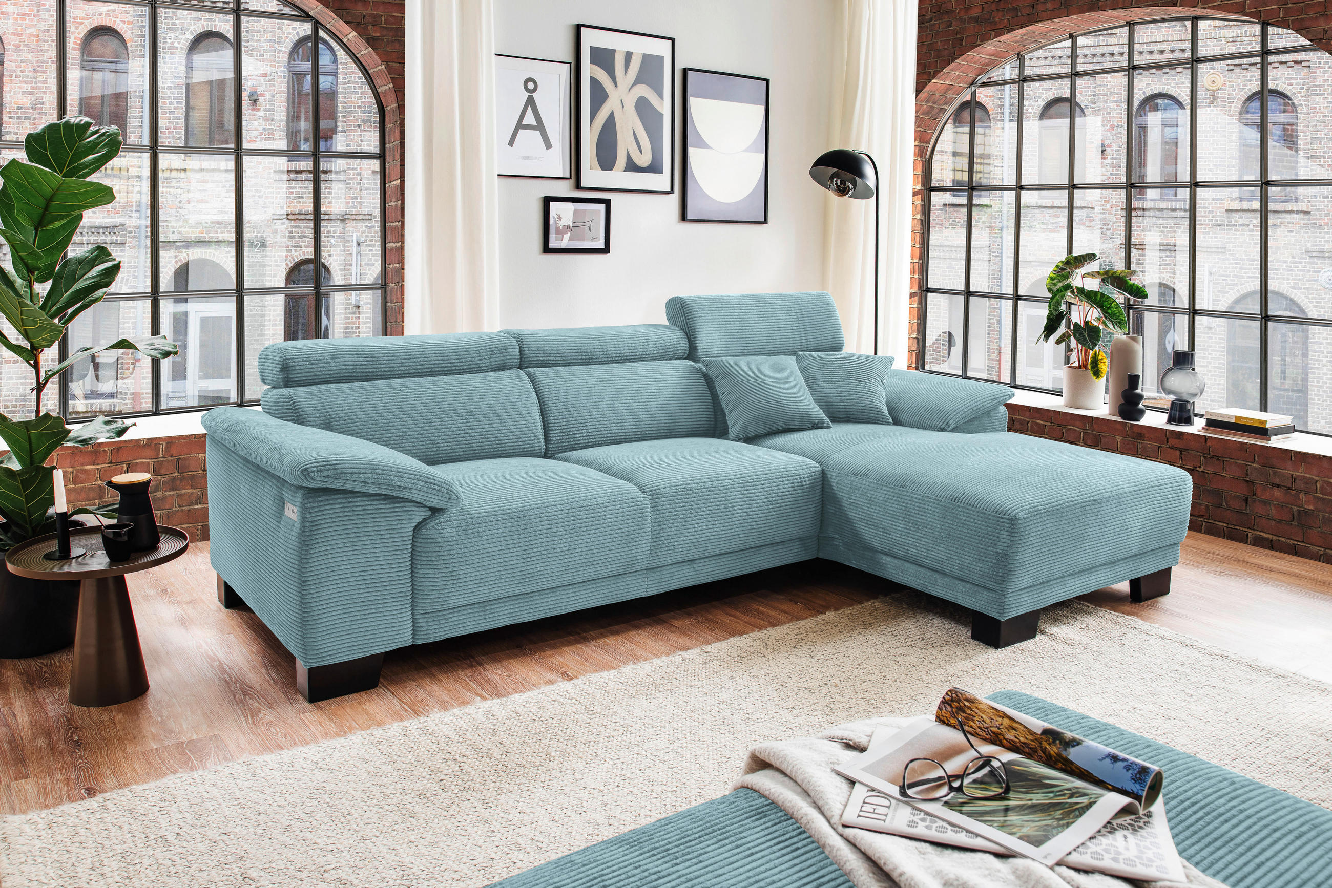 ECKSOFA in Cord Hellblau  - Schwarz/Hellblau, Design, Holz/Textil (270/174cm) - Pure Home Lifestyle