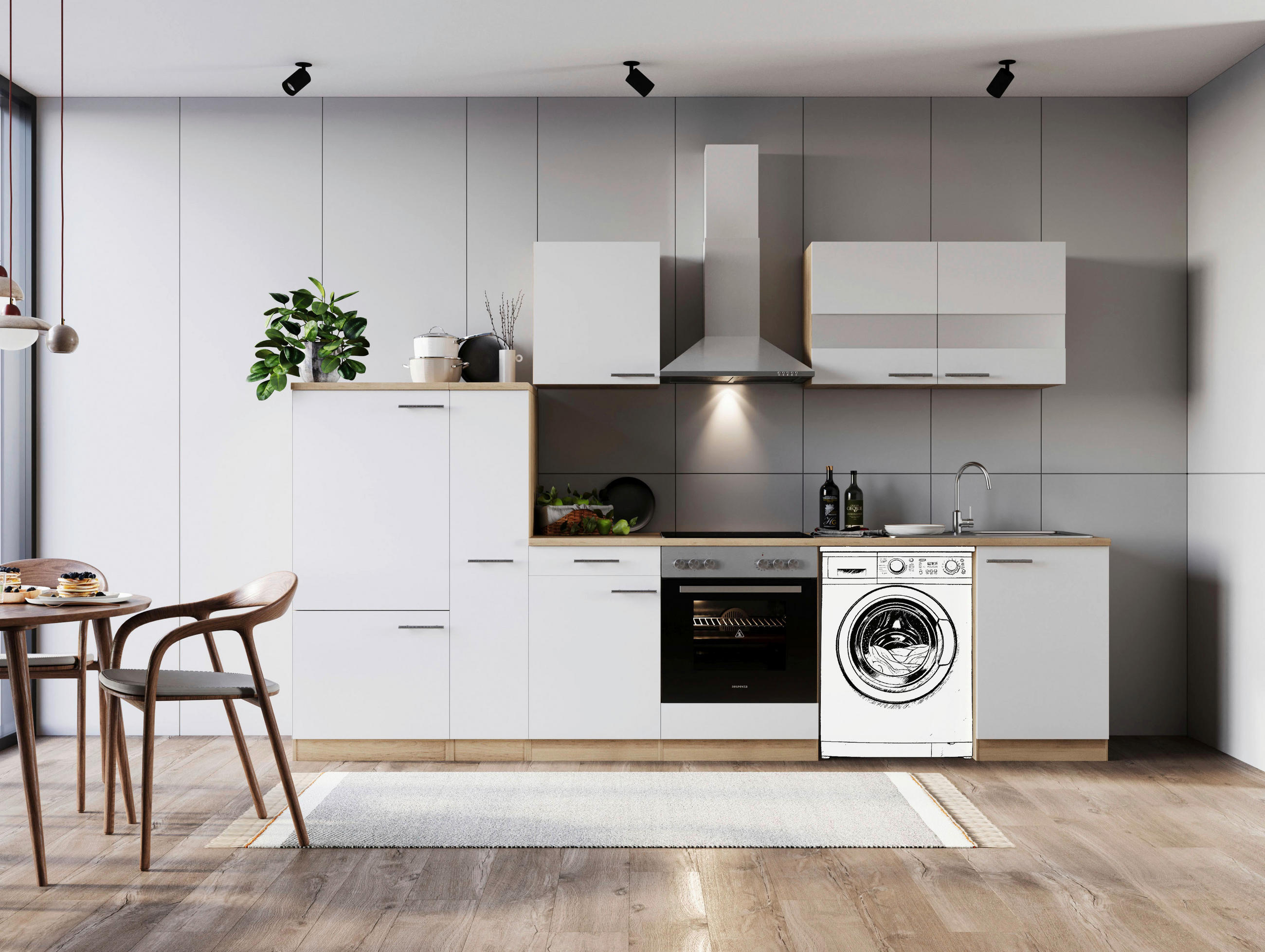 KÜCHENBLOCK 310 cm   in Weiß  - Edelstahlfarben/Eichefarben, Basics, Glas/Holzwerkstoff (310cm) - Respekta