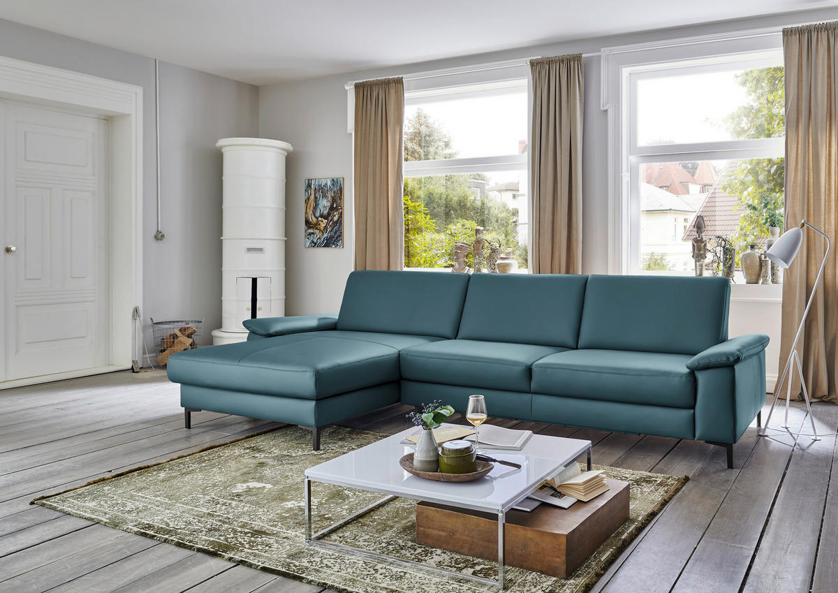 ECKSOFA Echtleder Blau  - Blau/Schwarz, Design, Leder/Metall (176/334cm) - Dieter Knoll