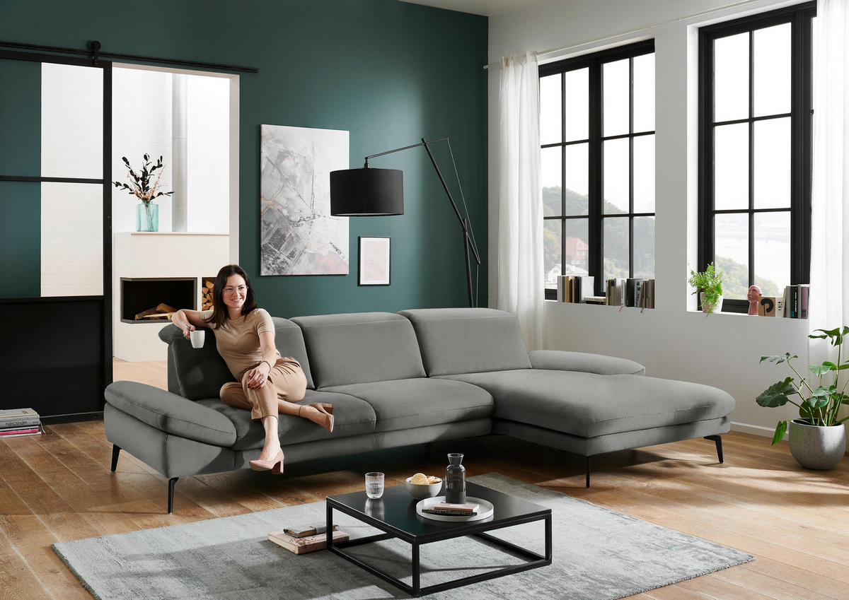 ECKSOFA in Chenille Grau  - Schwarz/Grau, Design, Textil/Metall (319/188cm) - Beldomo System