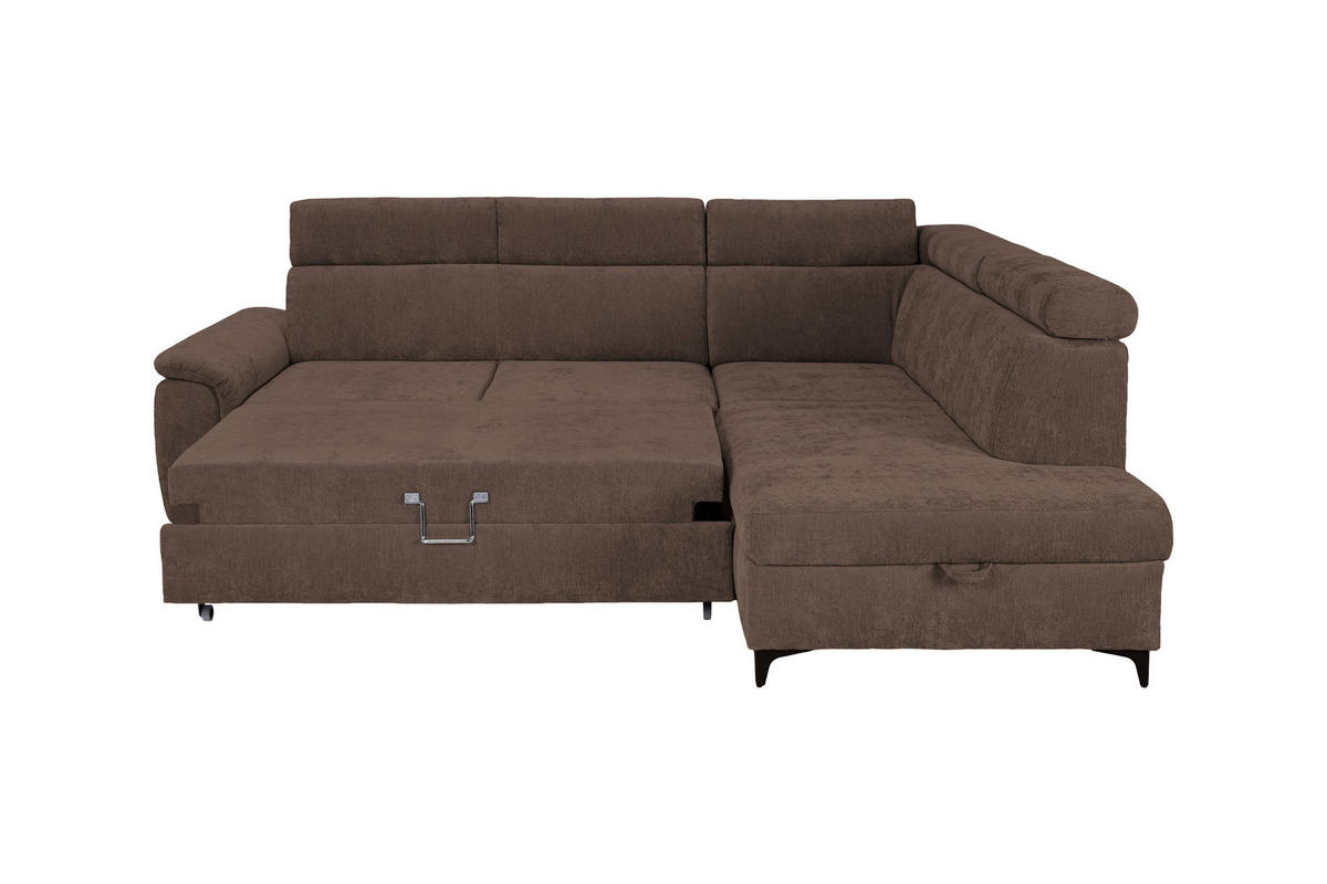 ECKSOFA Dunkelbraun Chenille Bettkasten, Schlaffunktion, Rücken echt, Kopfteilverstellung, Liegefläche im Originalstoff  - Dunkelbraun/Schwarz, KONVENTIONELL, Textil/Metall (265/206cm) - Carryhome