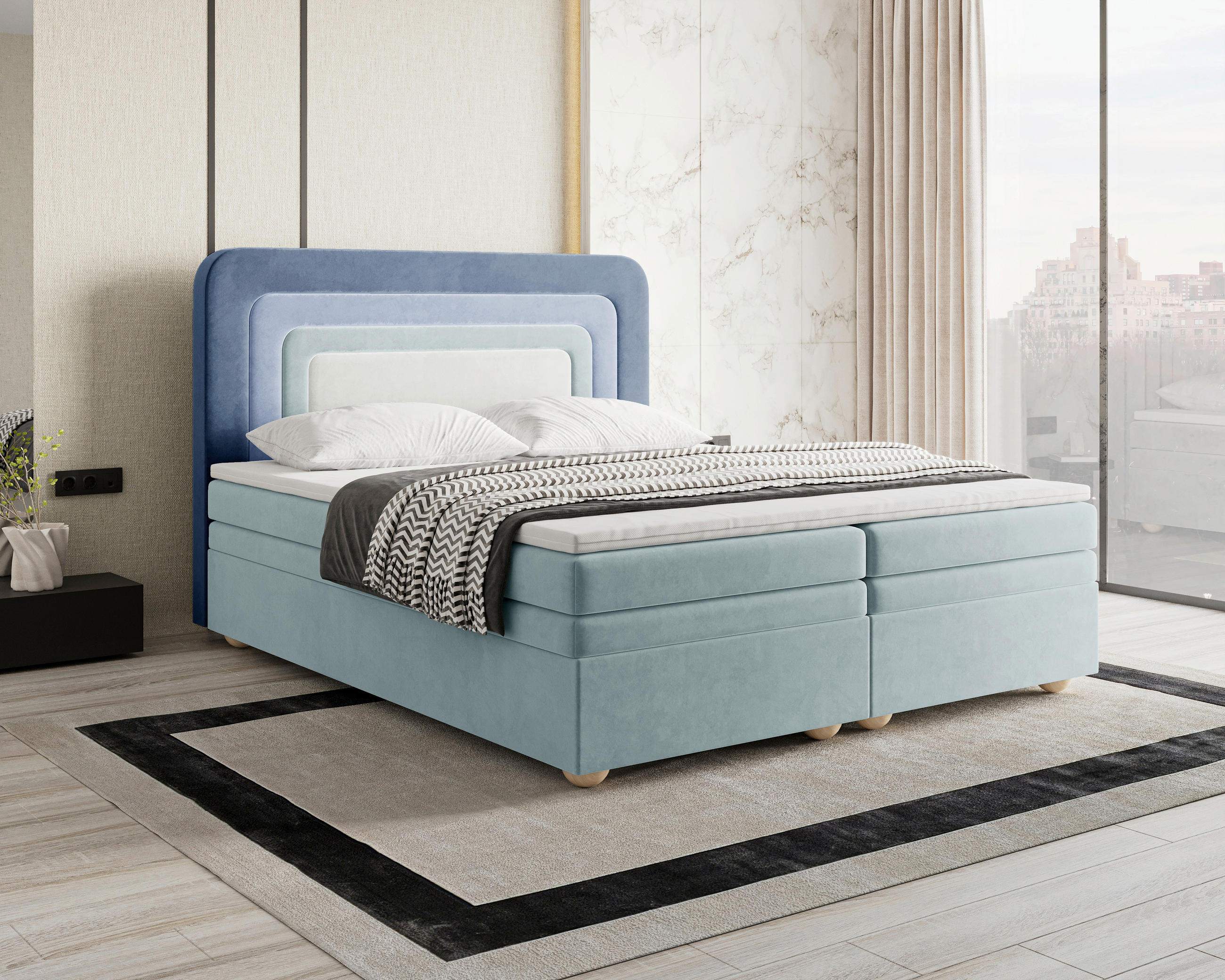 BOXBETT 180/200 cm,  in Dunkelblau, Mintgrün, Graublau, gepolstertes Kopfteil, Bettkasten, Topper, H2 + H3 = mittel + fest  - Graublau/Braun, MODERN, Holz/Kunststoff (180/200cm) - Livetastic