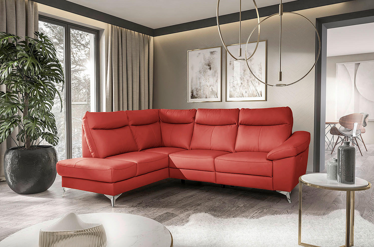 ECKSOFA Rot Echtleder Lederlook Bettkasten, Rücken echt, Relaxfunktion  - Chromfarben/Rot, Design, Leder/Textil (194/242cm) - Livetastic
