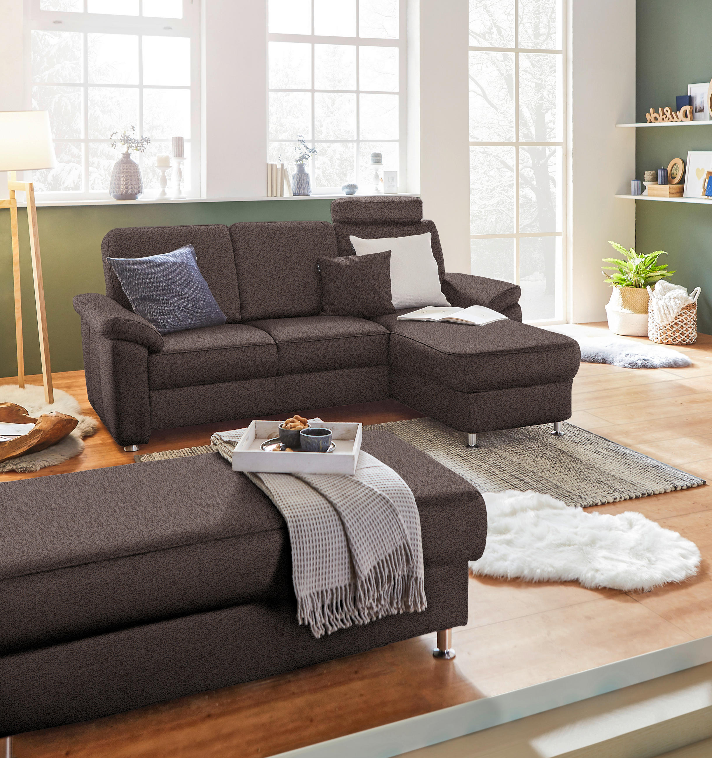 ECKSOFA in Webstoff Dunkelbraun  220/163 cm  - Chromfarben/Dunkelbraun, KONVENTIONELL, Textil/Metall (220/163cm) - Beldomo System