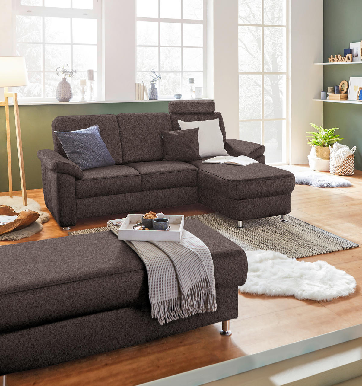 ECKSOFA in Webstoff Dunkelbraun  220/163 cm  - Chromfarben/Dunkelbraun, KONVENTIONELL, Textil/Metall (220/163cm) - Beldomo System