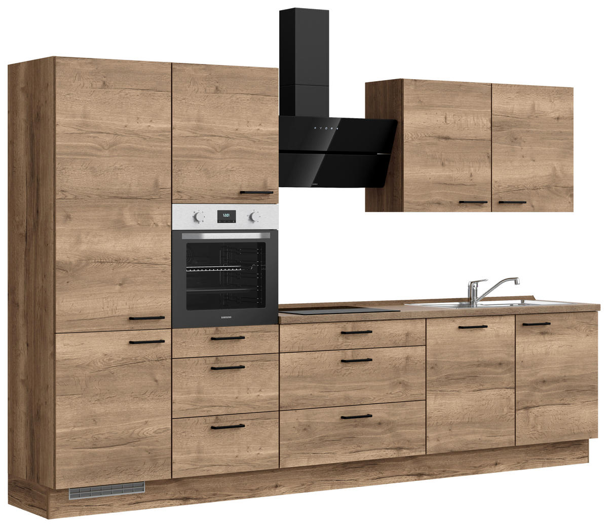 KÜCHENBLOCK 330 cm   in Eiche dunkel  - Eiche dunkel/Schwarz, MODERN, Holzwerkstoff/Metall (330cm) - Nobilia