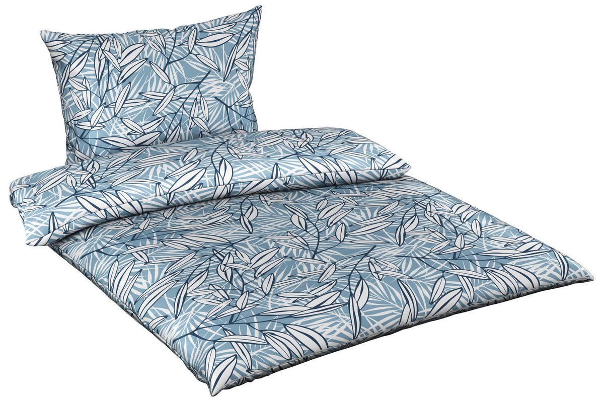 POSTELJINA JEANS PALM JUNGLE 140/200 cm saten plava, bela  - bela/plava, Osnovno, tekstil (140/200cm) - Novel
