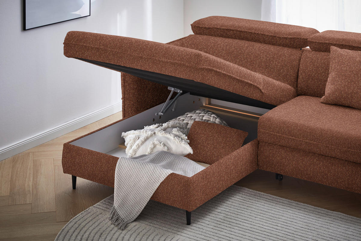 ECKSOFA inkl. Funktionen Rostfarben Struktur  - Rostfarben/Schwarz, Design, Holz/Textil (185/232cm) - Stylife