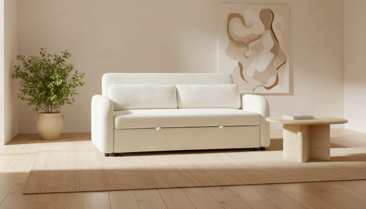 SCHLAFSOFA Cord Creme  - Creme/Schwarz, Design, Kunststoff/Textil (193/86/90cm) - MID.YOU