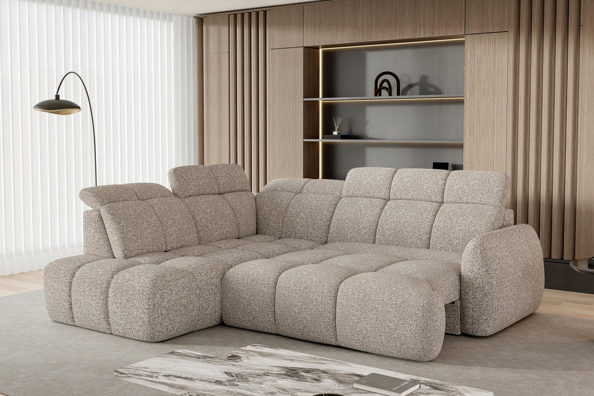 ECKSOFA Beige Webstoff Bettkasten, Schlaffunktion, Rücken echt, Kopfteilverstellung, Sitzvorzug  - Beige/Schwarz, Design, Kunststoff/Textil (230/275cm) - Welnova