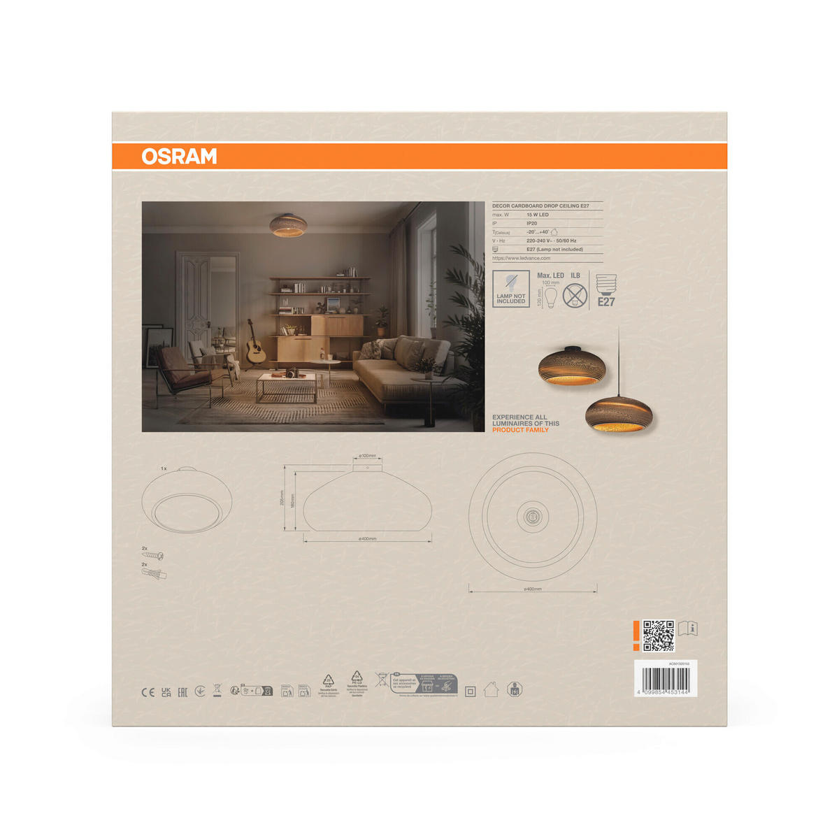DECKENLEUCHTE  40/20,5 cm    - Braun, Natur, Karton/Metall (40/20,5cm) - Osram