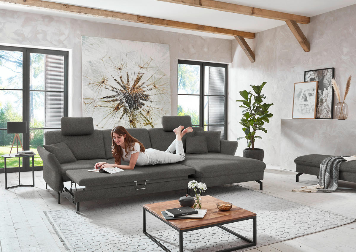 ECKSOFA in Velours Grau  - Schwarz/Grau, Design, Textil/Metall (306/179cm) - Beldomo System