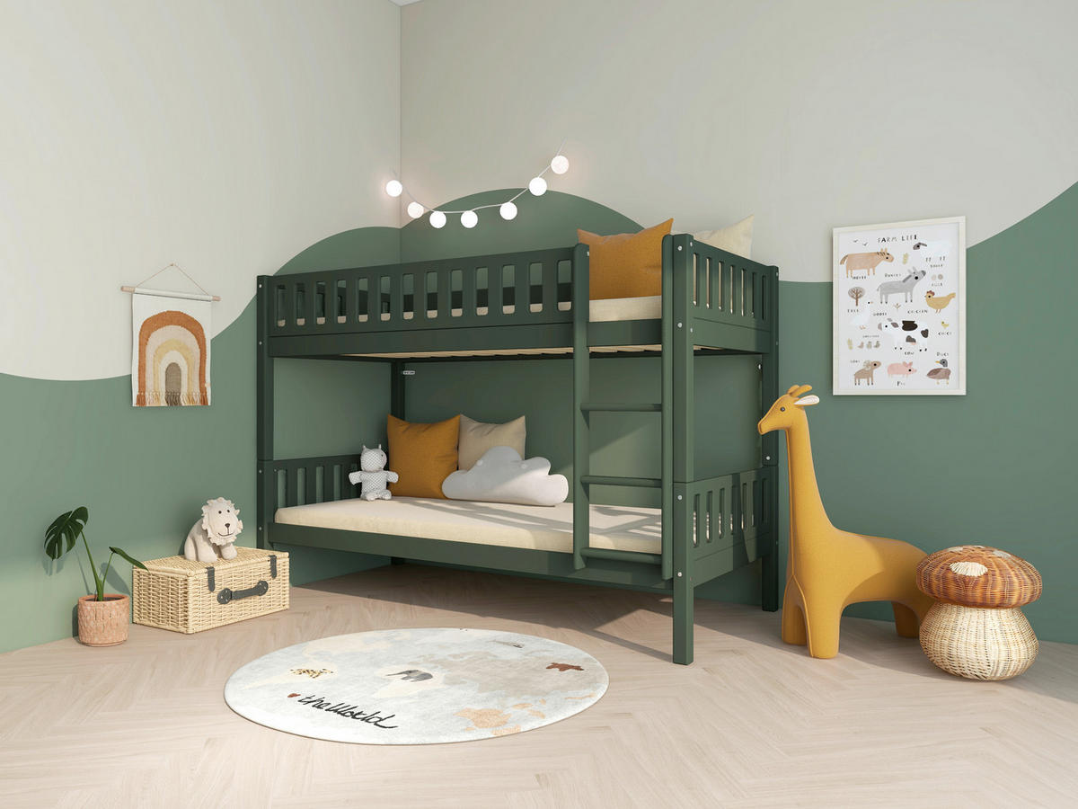ETAGENBETT 90/200 cm,  in Absturzsicherung, Leiter, Rollroste  - Dunkelgrün, MODERN, Holz (90/200cm) - Chameo