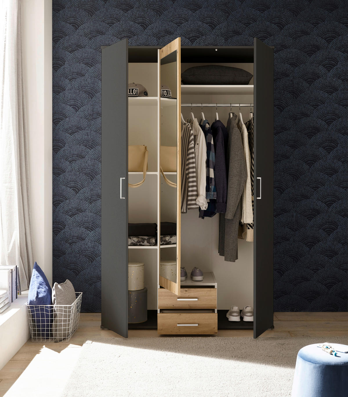 OMARA S KLASIČNIMI VRATI, barve grafita, hrast artisan  - barve aluminija/barve grafita, Moderno, umetna masa/leseni material (120/196/52,5cm) - Carryhome
