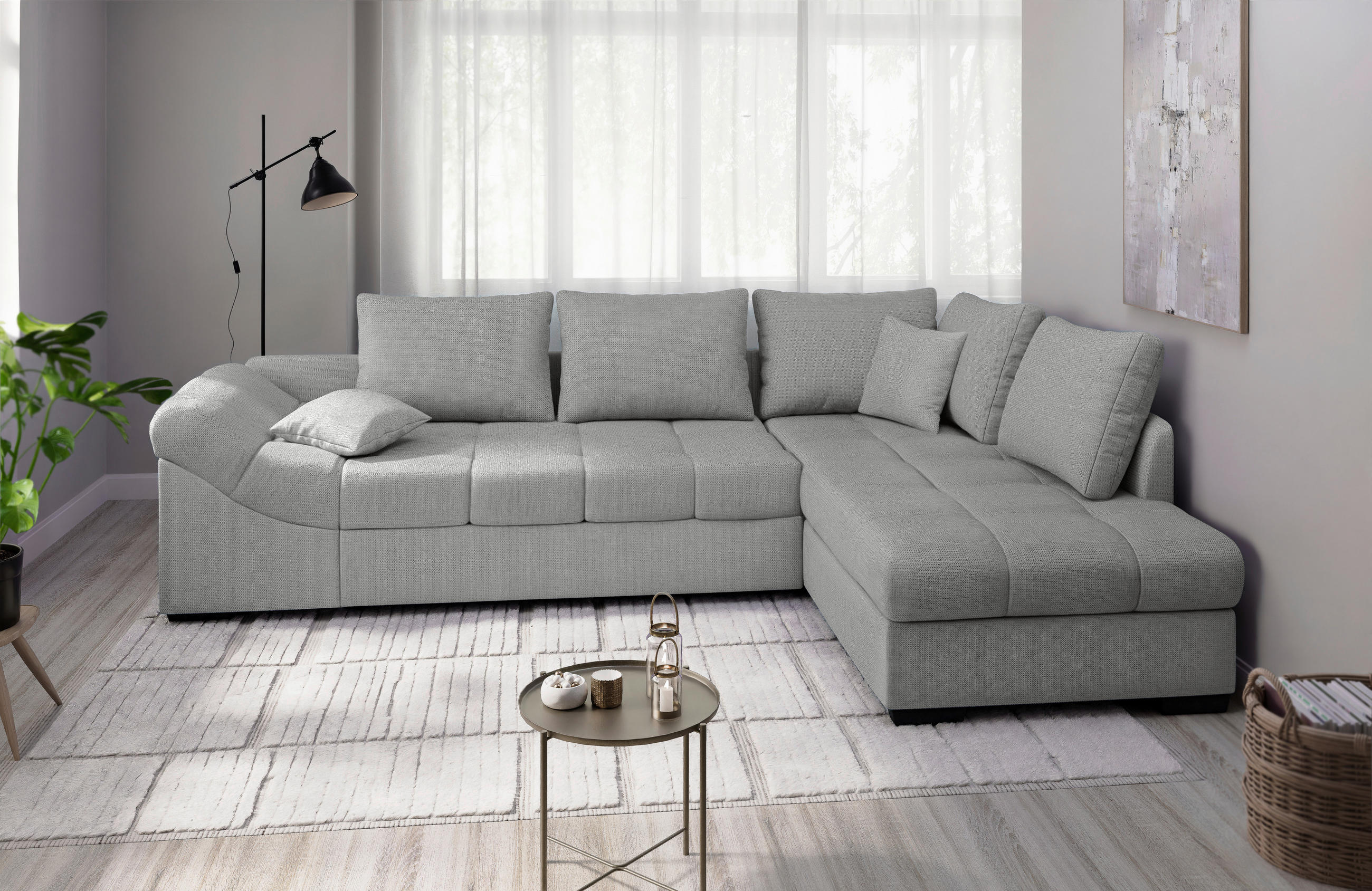 ECKSCHLAFSOFA in Silberfarben Textil   - Silberfarben/Schwarz, Modern, Holz/Textil (298/202cm) - MID.YOU