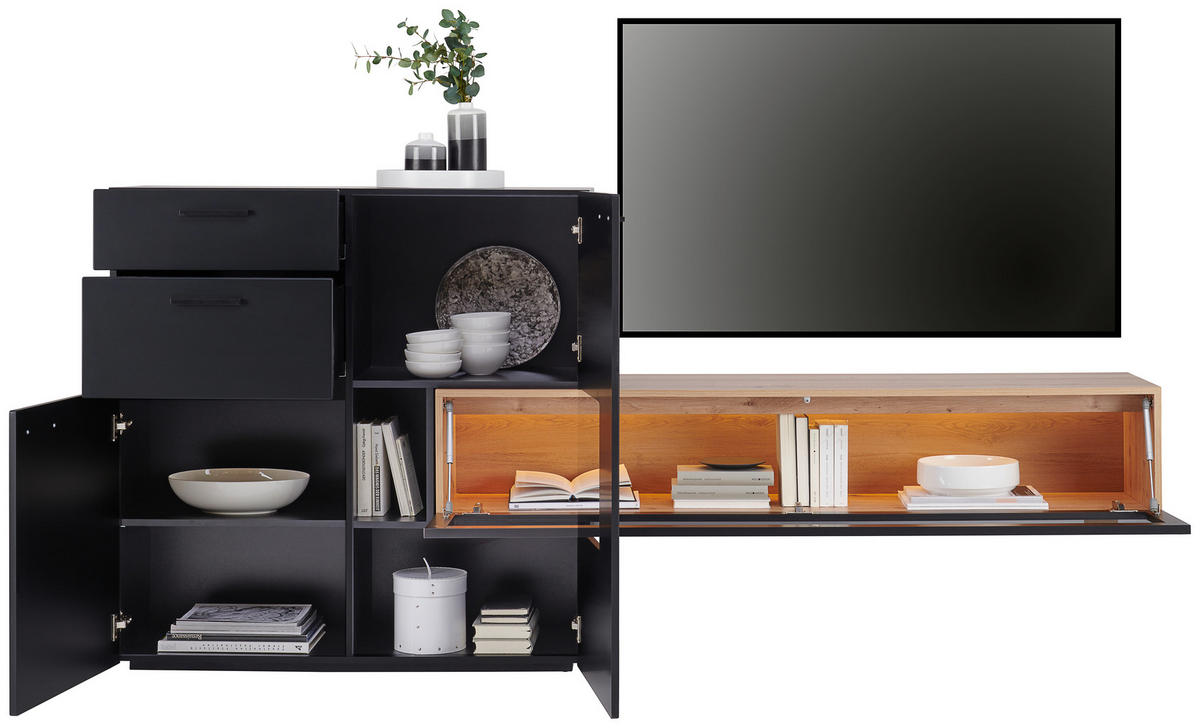 WOHNWAND  in Schwarz, Eichefarben  240/180/38 cm  - Eichefarben/Schwarz, Design, Glas/Holzwerkstoff (240/180/38cm) - MID.YOU