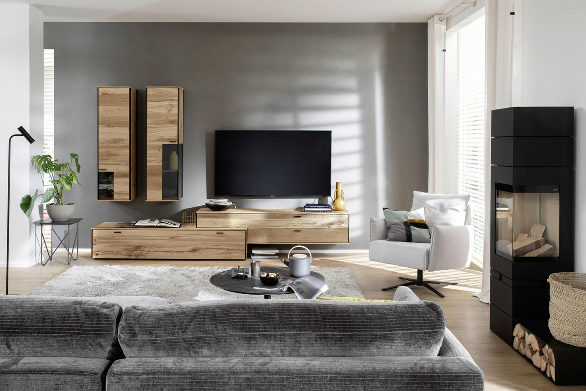 WOHNWAND  in Anthrazit, Eichefarben 303/207/53 cm  - Eichefarben/Anthrazit, Design, Glas/Holz (303/207/53cm) - Schöner Wohnen