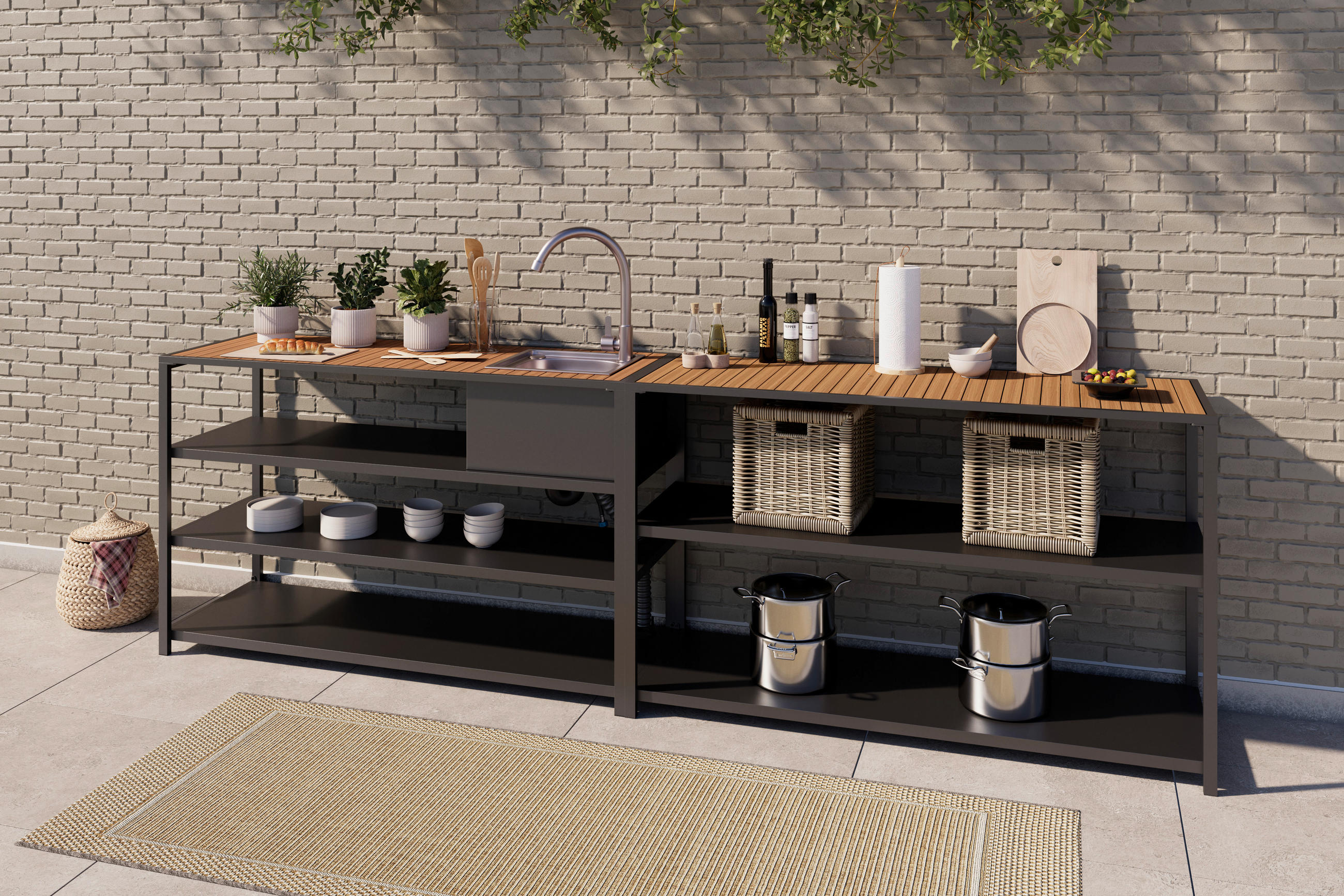 VENKOVNÍ KUCHYNĚ - šedá/přírodní barvy, Moderní, kov/plast (150/90/50cm) - Ambia Garden