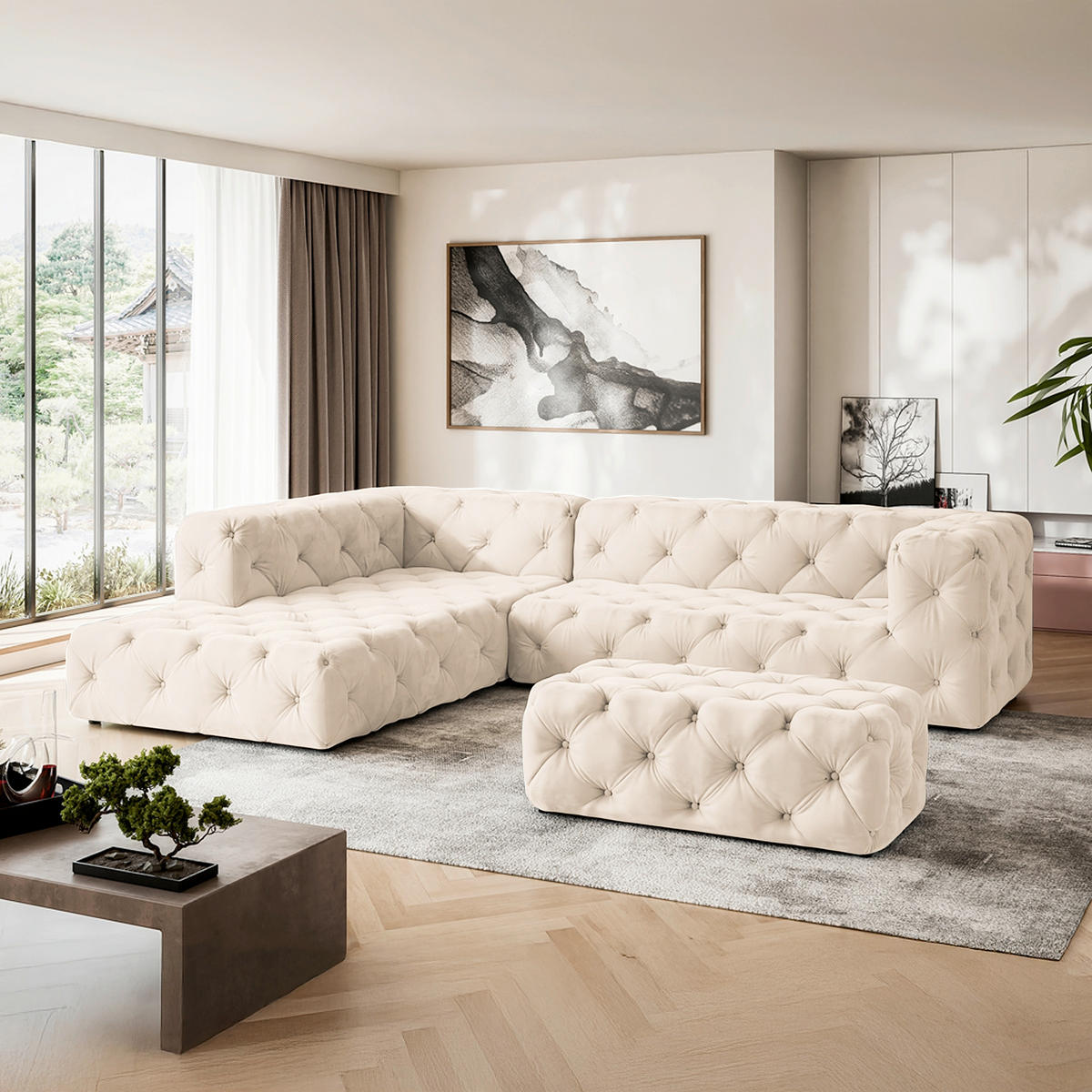 HOCKER in Textil Creme  - Creme/Schwarz, Design, Kunststoff/Textil (130/39/65cm) - P & B