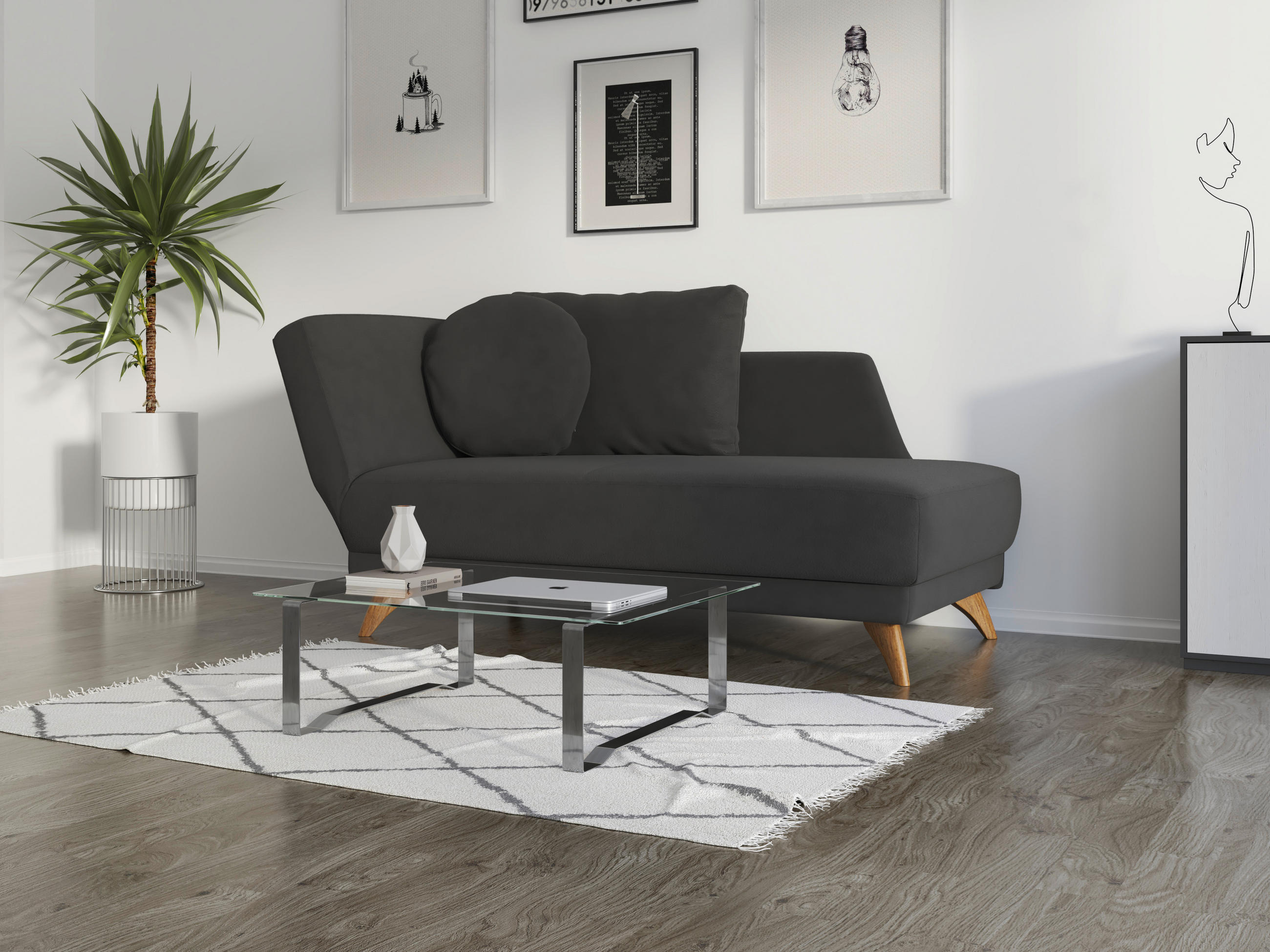 RÉCAMIERE in Flachgewebe Schwarz  - Eichefarben/Schwarz, Modern, Holz/Textil (205/74/94cm) - Bali