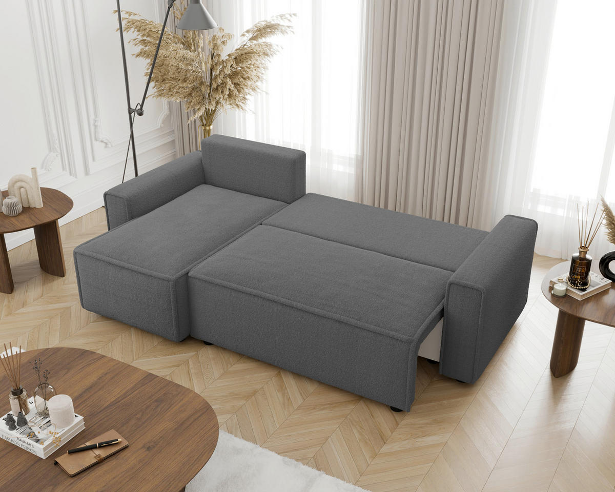 ECKSOFA Dunkelgrau Bouclé Zierkissen, Rückenkissen, Bettkasten, Schlaffunktion, Rücken echt, Liegefläche im Originalstoff  - Dunkelgrau/Schwarz, MODERN, Kunststoff/Textil (143/232cm) - Carryhome