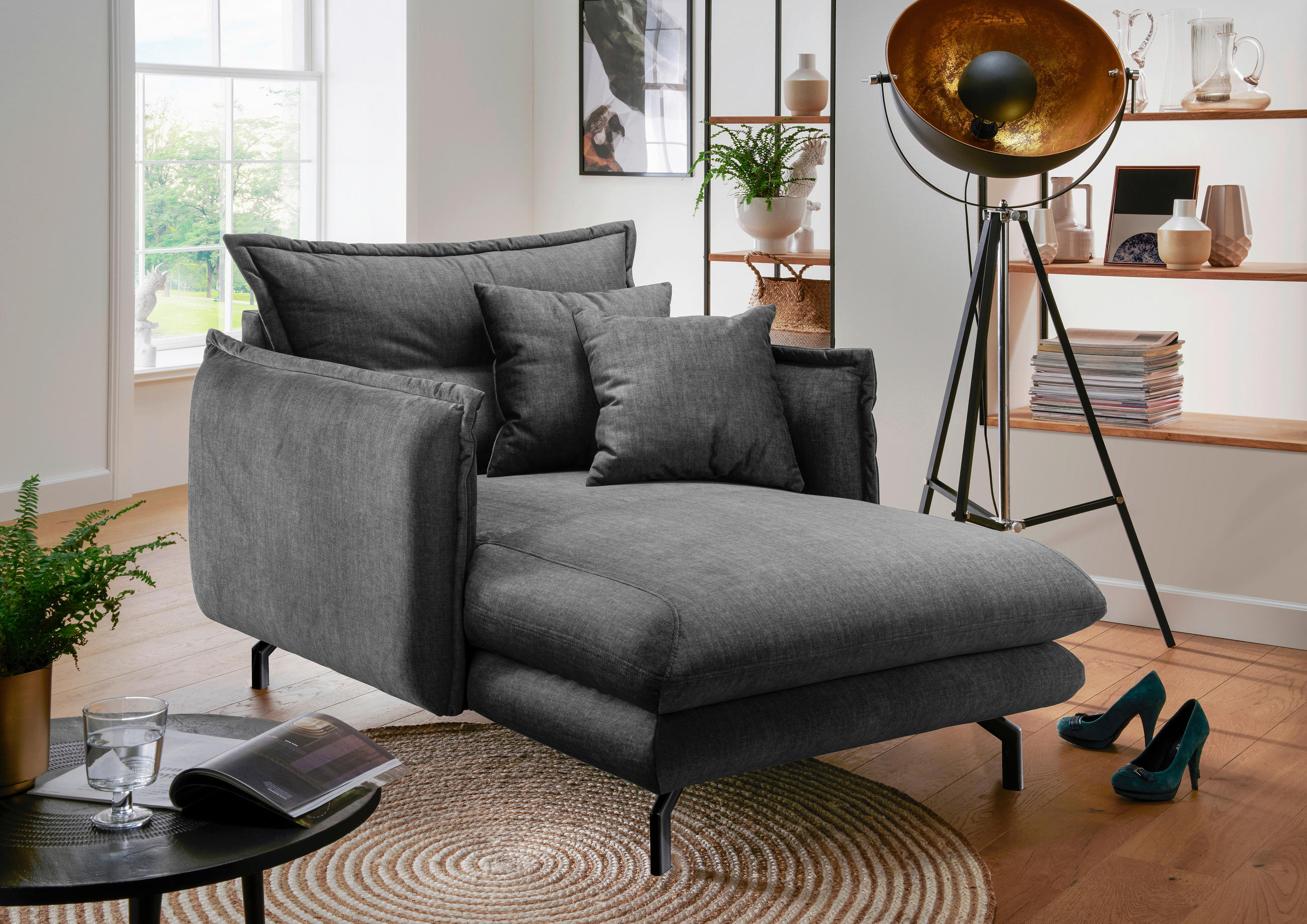 XXL-SESSEL Velours Grau    - Schwarz/Grau, MODERN, Textil/Metall (111/101/167cm) - Livetastic