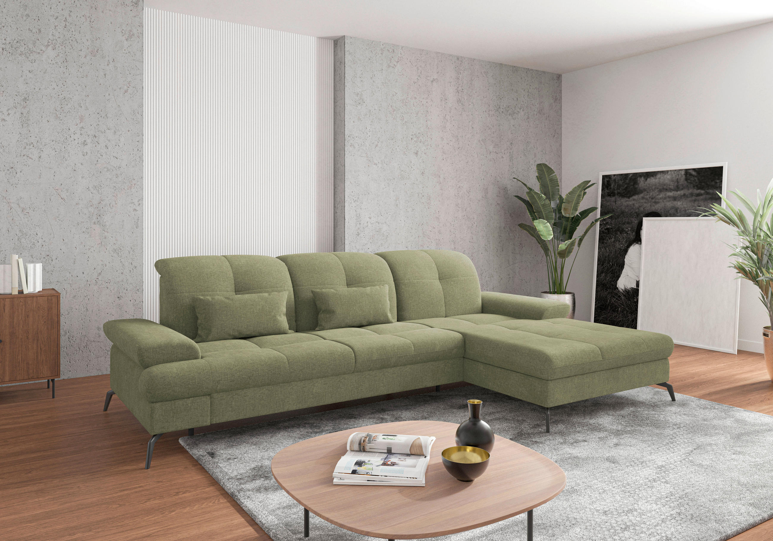 ECKSOFA Hellgrün Flachgewebe Bettkasten, Armteilverstellung, Kopfteilverstellung, Sitztiefenverstellung, Liegefläche im Originalstoff  - Schwarz/Hellgrün, KONVENTIONELL, Textil/Metall (279/185cm) - Sit & More