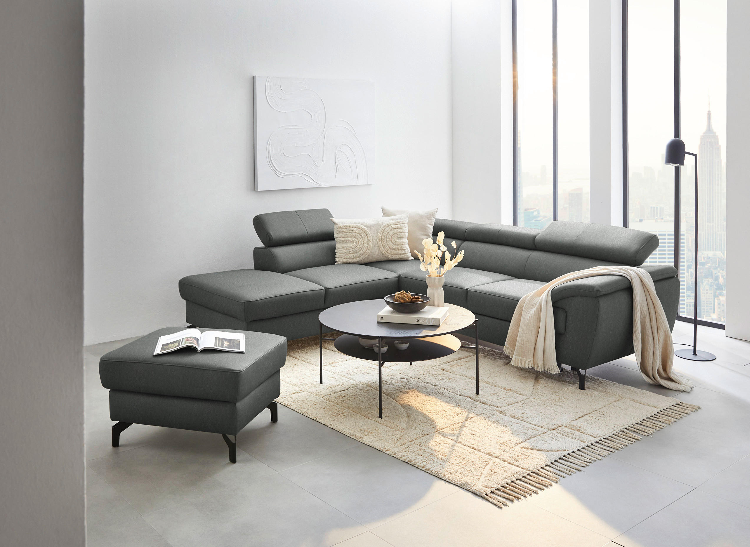 ECKSOFA in Echtleder Anthrazit  - Anthrazit/Schwarz, Design, Leder/Metall (220/256cm) - Celina Home