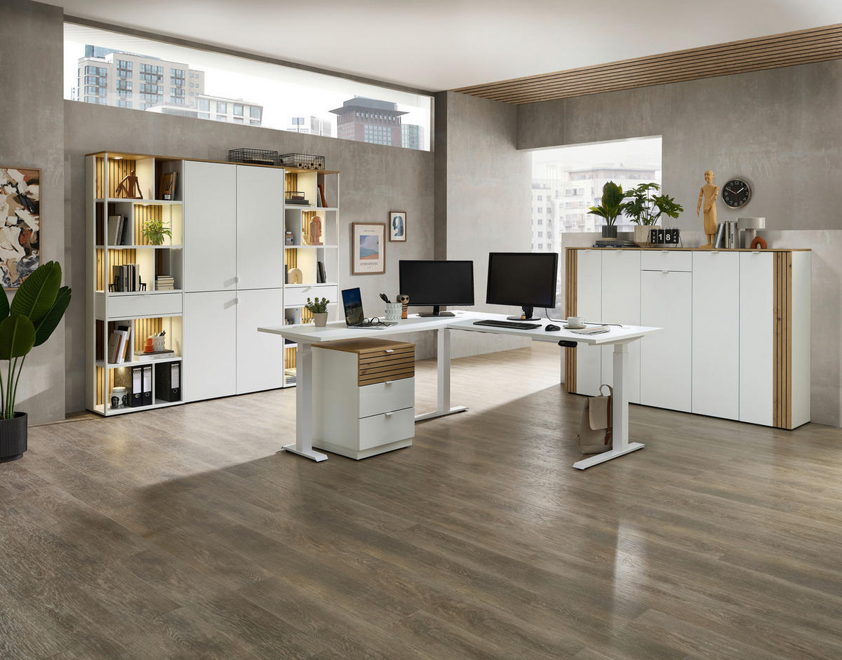 SCHREIBTISCH 150/77/73 cm Weiß, Eiche Artisan Kabeldurchlass, Stauraum  - Weiß/Eiche Artisan, KONVENTIONELL, Holzwerkstoff/Metall (150/77/73cm) - Voleo