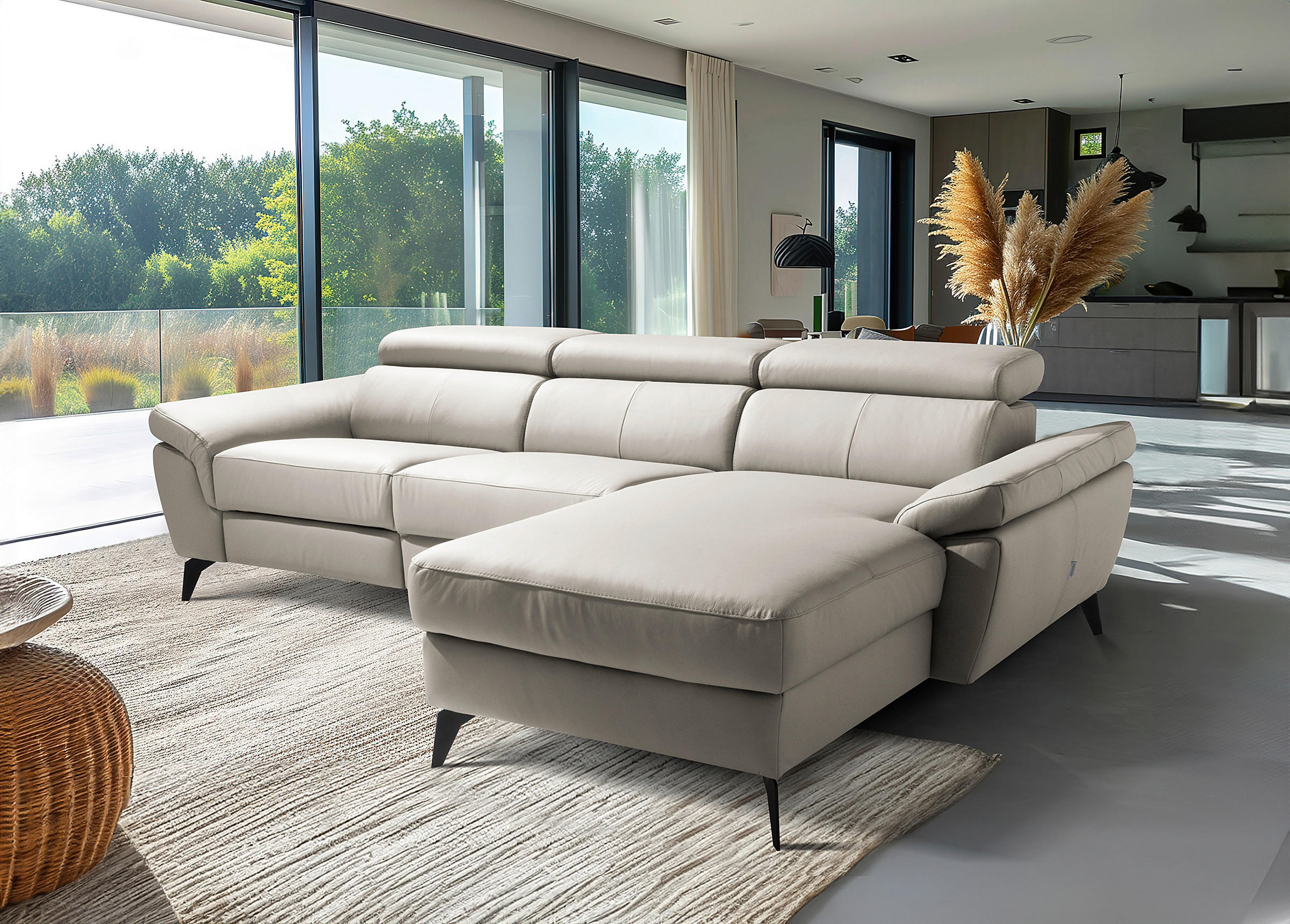ECKSOFA  in Lederlook Echtleder Platinfarben  252/179 cm  - Platinfarben/Schwarz, Design, Leder/Textil (252/179cm) - Livetastic