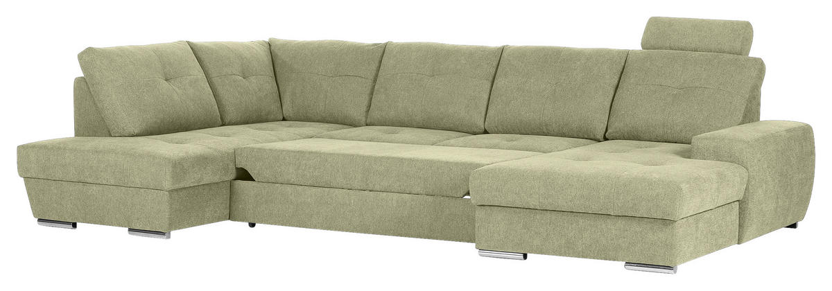 WOHNLANDSCHAFT in Flachgewebe Hellgrün  - Chromfarben/Hellgrün, Konventionell, Kunststoff/Textil (217/338/180cm) - Hom`in
