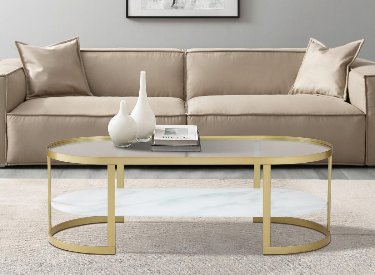 COUCHTISCH Klarglas, Kristallglas 120/55/40 cm oval Weiß, Goldfarben  - Goldfarben/Weiß, Design, Glas/Metall (120/55/40cm) - Livetastic
