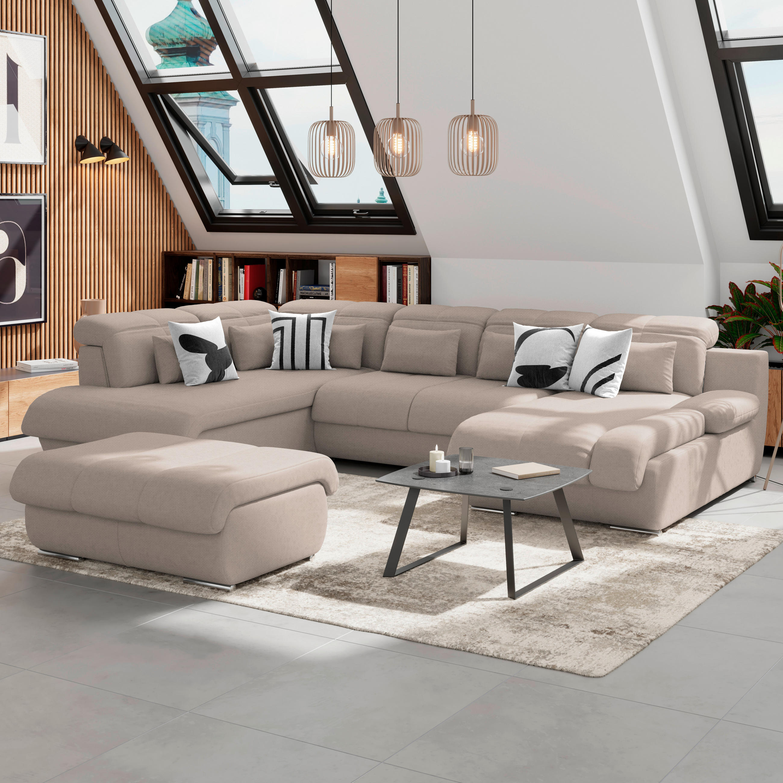 WOHNLANDSCHAFT in Mikrofaser Beige  - Chromfarben/Beige, Modern, Textil/Metall (228/345/184cm) - MID.YOU