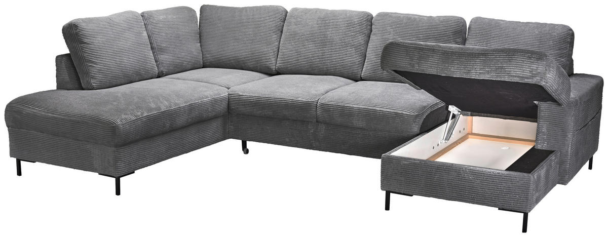 WOHNLANDSCHAFT Dunkelgrau Cord  - Dunkelgrau/Schwarz, KONVENTIONELL, Textil/Metall (197/303/148cm) - Carryhome