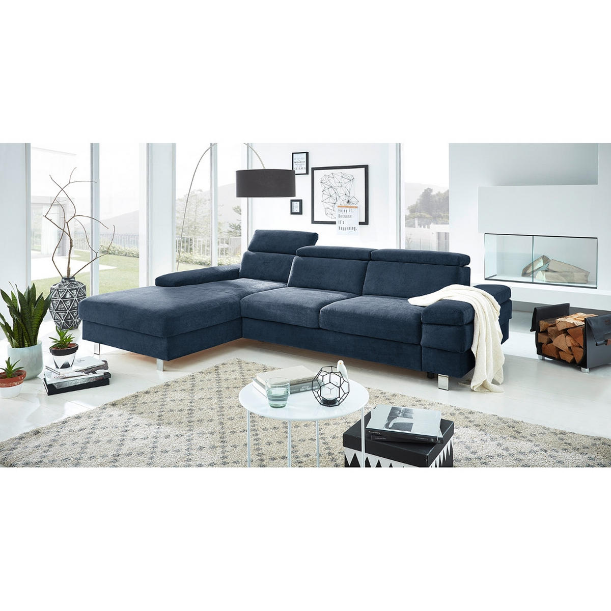 ECKSOFA in Webstoff Dunkelblau  - Silberfarben/Dunkelblau, Konventionell, Textil/Metall (260/82/182cm) - Trendmanufaktur