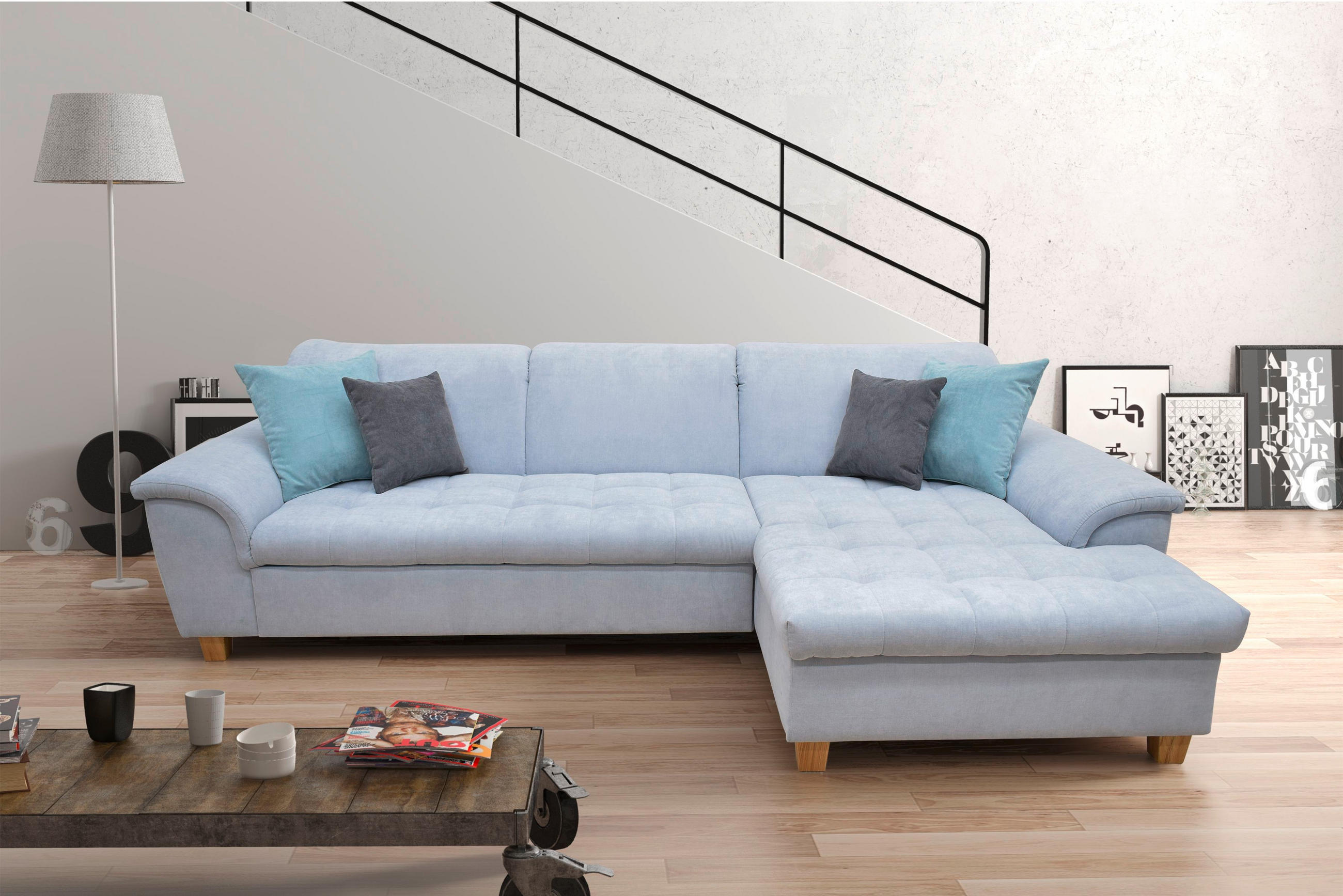 ECKSOFA Pastellblau Mikrofaser  - Pastellblau/Eichefarben, KONVENTIONELL, Holz/Textil (281/170cm) - MID.YOU