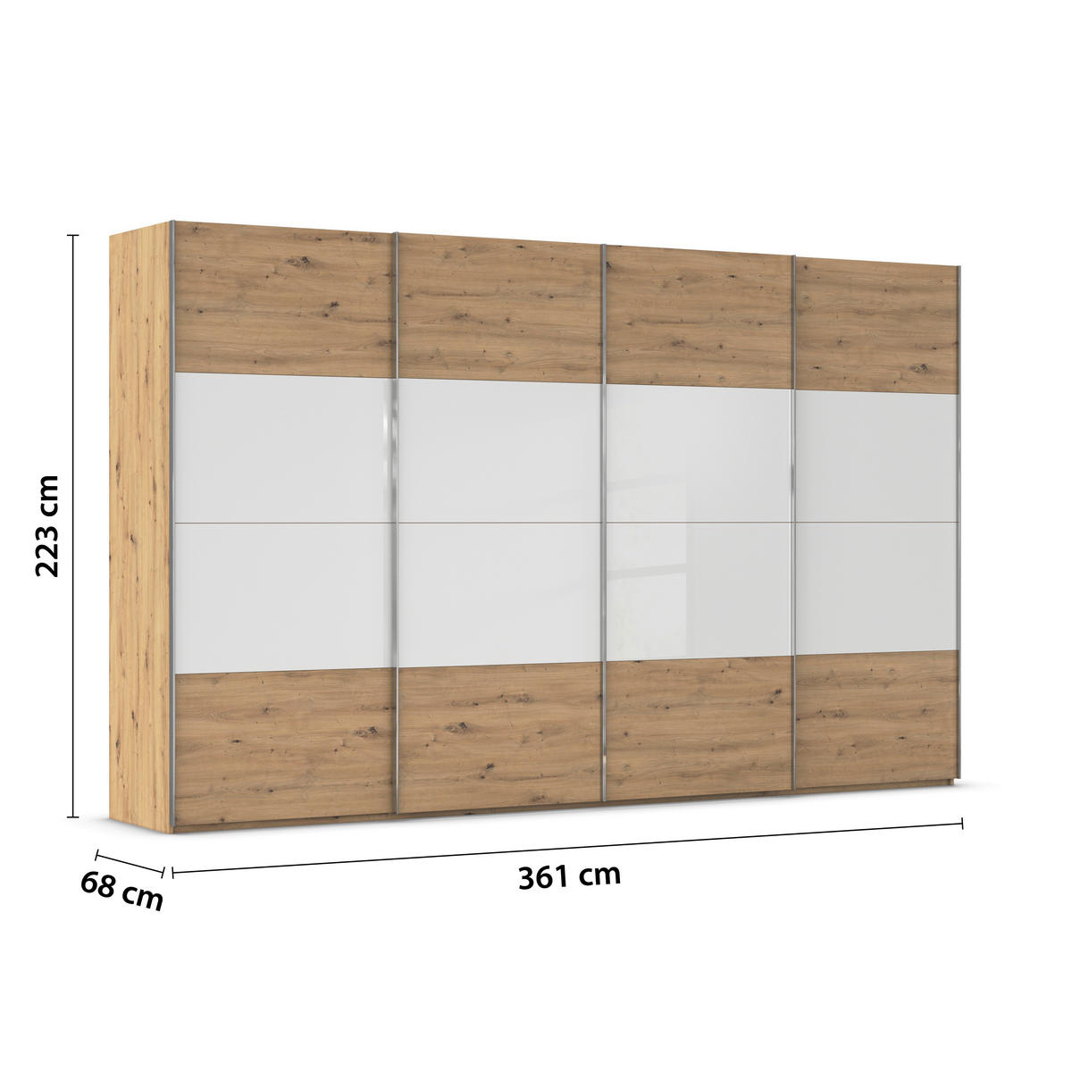 SCHWEBETÜRENSCHRANK 361/223/68 cm 4-türig Weiß, Eiche Artisan  - Chromfarben/Weiß, KONVENTIONELL, Glas/Holzwerkstoff (361/223/68cm) - Novel